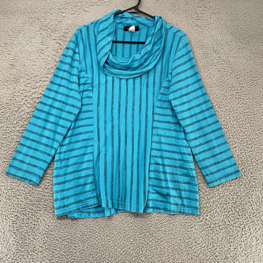Yushi Stripe Tunic Top Womens Medium Blue Cowl Neck Long Sleeve Jersey Relaxed